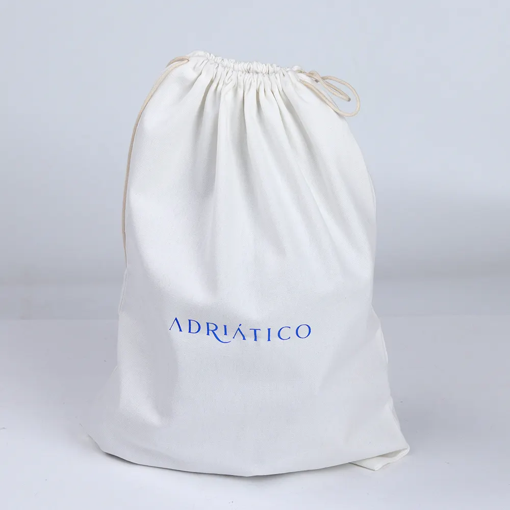 Bolsa de embalaje de regalo con logotipo personalizado, bolsa de joyería blanca satinada, bolsa con cordón de tela de algodón