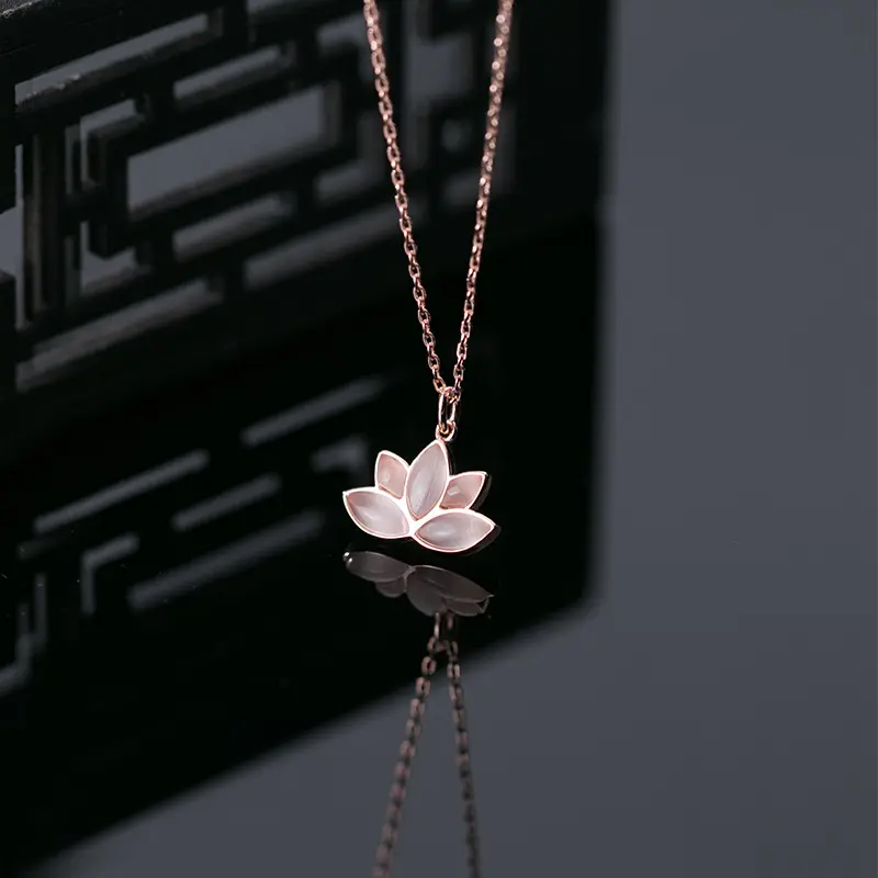 Elegant 925 Sterling Silver Lotus Flower Pendant Necklace Rose Gold Plated Jade Jewelry for Women