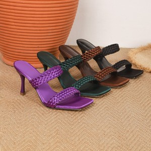 Sandalias de tacón de aguja con doble tira trenzada de satén y punta cuadrada para mujer, calzado de noche con tacón delgado tejido - Product Image 2