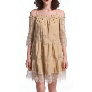 Robe courte à épaules dénudées pour femmes avec dentelle - Robes décontractées à manches courtes et à volants, tendance - Product Image 1