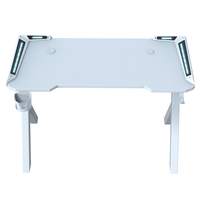 Bureau de jeu ergonomique en bois blanc R-5 avec surface en mélamine, éclairage LED RVB 256 couleurs, crochet pour casque et porte-gobelet