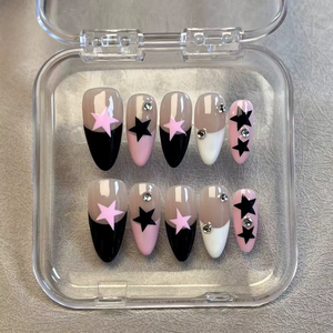 10 <span class=keywords><strong>uñas</strong></span> postizas hechas a mano negras, blancas, rosas, estilo francés, diseños de estrellas, <span class=keywords><strong>uñas</strong></span> postizas de almendras portátiles para mujeres - Product Image 2