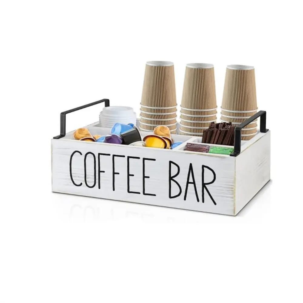 Rustic white Coffee Pod Holder Storage Basket Coffee Station Organizer Wooden Coffee Bar Bin Box With Metal Handle