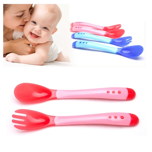 도매 Bpa 무료 친환경 실리콘 온도 감지 숟가락과 포크 세트 아기 학습 어린이를위한 칼 붙이 숟가락 - Product Image 4
