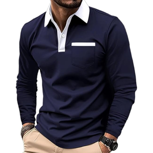 Men's Long Sleeve <b>Polo</b> <b>Shirt</b> <b>Navy</b> <b>Blue</b> Solid Color Knitted Casual With Pocket Design Anti-Wrinkle - Product Image 1