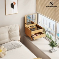 Coiffeuse scandinave en bois massif pour fenêtre en baie avec miroir rabattable et armoire de rangement multi-zones pour chambre et hôtel