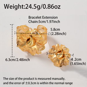 textured open cuff prominent floral ornament bulk wholesale copper made 18k gold plated fine women <b>bangle</b> bracelet ring <b>set</b> - Product Image 6