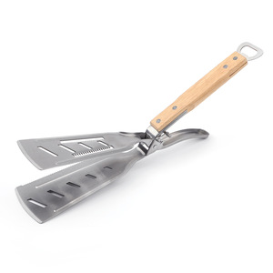 Stainless Steel Multi Function Spatula Tongs For <b>BBQ</b> Cooking Outdoor Use With Wooden Handle And Bottle Opener Feature - Product Image 3