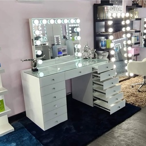 White Wooden Makeup Vanity <strong>Table</strong> with LED <strong>Hollywood</strong> <strong>Mirror</strong>, Multi Drawer <strong>Dressing</strong> <strong>Table</strong> for Bedroom - Product Image 4