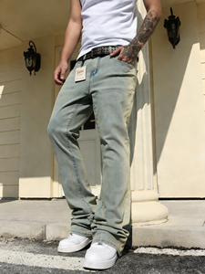 LTD-MTR1010 Jean en denim pour homme bleu clair, tendance, style vintage, délavé sablé, coupe slim évasée, ourlet superposé, meilleures ventes - Product Image 1