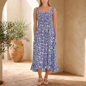 Robe longue asymétrique à imprimé floral turquoise pour femmes |   Robe d'été sans manches, décontractée, simple, mignonne, pour les vacances - Product Image 1