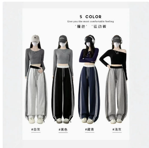 Pantalones de chándal de cintura alta para mujer, de pierna ancha, de punto, holgados, informales, con cordón, de poliéster, para otoño - Product Image 1