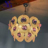 Lustre globe en verre artistique violet de style médiéval français avec anneau en coquillage, suspension de luxe léger pour villa, salon, chambre, salle à manger, boutique