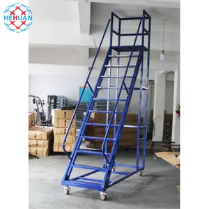 High Quality Fixed Universal Wheel Steel Platform Warehouse Climbing Ladder With Handrails