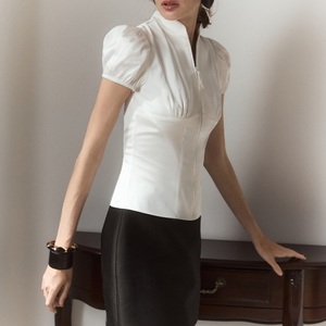 Custom Women Mandarin Collar Satin Blouse Puff Short Sleeve Front Zipper Fitted Slim Chinese Style Shirt <b>Top</b> for Women - Product Image 2