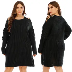 Wholesale OEM Plus Size Women Clothing Fall Sexy Cold Shoulder Knitted Long Sleeve Striped Sweater Dress