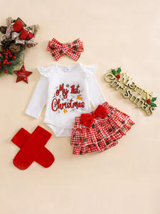 圣诞树格子公主连衣裙袜子套装长袖外套秋冬女婴四件套纯棉-新款时尚 - Product Image 2