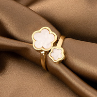 Bague ouverte réglable INS Fashion élégante et douce, couleur noir, rose, blanc, double fleur à cinq pétales pour femmes