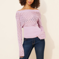 Haut en tricot décontracté pour femme, personnalisé par le fabricant, avec col bateau sexy, ajouré, manches évasées et ourlet à volants, idéal pour l'été