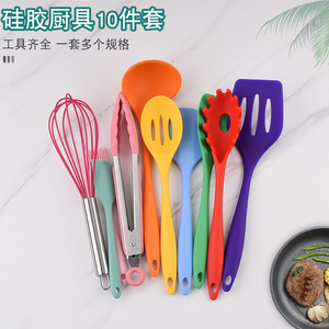 Juego de utensilios de cocina de silicona coloridos, que incluye espátula, cuchara, batidor, pinzas para alimentos y utensilios de cocina de silicona específicos para sartenes antiadherentes. - Product Image 3