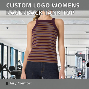 Débardeurs décontractés sans manches en tricot respirant à col montant pour femmes, idéaux pour le fitness et le sport, avec un design côtelé et rayé. - Product Image 2