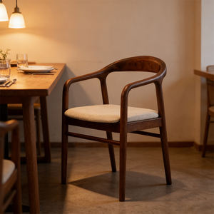 Silla de Comedor Moderna Minoda de Madera Maciza Natural con Asiento de Cuerda Tejida y Reposabrazos Curvos para Cocina, Sala de Estar y Oficina, Logotipo Gratuito - Product Image 1