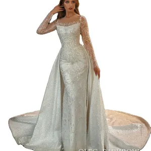 2024 sposa sposa abito in pizzo applique sirena sposa 2 in 1 gonna staccabile abito da sposa maniche a cappuccio abiti da sposa strascico lungo