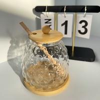 Pot à miel en verre borosilicate de haute qualité avec couvercle en bambou et cuillère, pot à miel hermétique en verre motif nid d'abeille avec base en bois