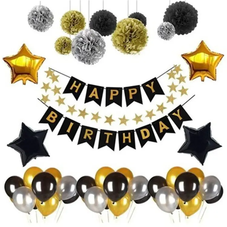 誕生日の装飾黒と金の誕生日パーティーの装飾ラテックス風船付きのお誕生日おめでとうバナーティッシュペーパーポンポン
