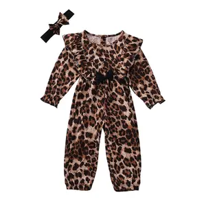 2021新款秋季女婴服装休闲2pcs套装豹纹长袖连体裤头带套装幼儿衣服