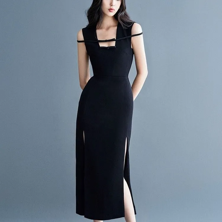 Gaun garpu seksi anggun anggun desainer Vietnam gaun pendek elegan hitam Hepburn gaya Perancis