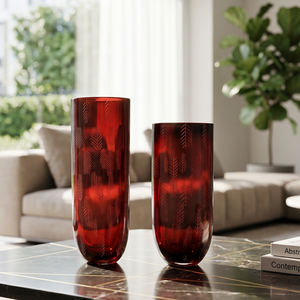 <span class=keywords><strong>Vase</strong></span> <span class=keywords><strong>en</strong></span> <span class=keywords><strong>verre</strong></span> rouge profond artistique, transparent, avec gravure <span class=keywords><strong>de</strong></span> veines <span class=keywords><strong>de</strong></span> feuille, <span class=keywords><strong>forme</strong></span> cylindrique <span class=keywords><strong>en</strong></span> U, élégant accent <span class=keywords><strong>de</strong></span> table, <span class=keywords><strong>grand</strong></span> <span class=keywords><strong>vase</strong></span> pour villa - Product Image 1