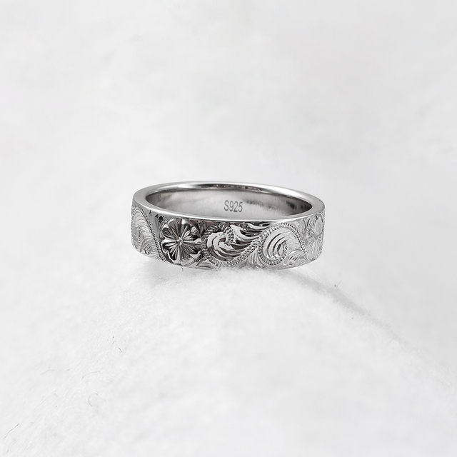 Sterling Silver Hawaiian Style Ring for Men Women 925 Silver Flower Wave Engraving Ring for Party Gift