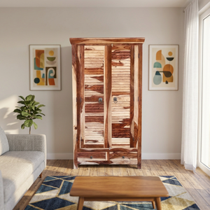 Armoire en bois style vintage avec finition vieillie, 2 tiroirs, porte, organisateur de vêtements artisanal pour chambre, hôtel, salon - Product Image 1