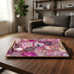 Plateau de service rectangulaire en agate rose fait main avec poignées en métal doré, décoratif, pour cuisine, table basse, présentation de luxe - Product Image 3