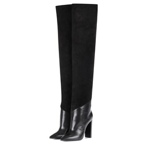 Bottes hautes pour femmes en cuir et daim patchwork, taille 46, talon bloc, bout pointu, style longues bottines - Product Image 4