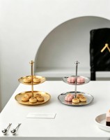 Plateau de service rond à double niveau en acier inoxydable, plateau à fruits et desserts à deux étages, support en métal, décoration de table à domicile