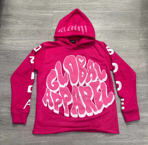 Sudadera con capucha rosa de 500 g/m² para streetwear, de algodón de alto gramaje, felpa francesa, con bajo sin rematar y estampado en relieve, estilo crop. - Product Image 1