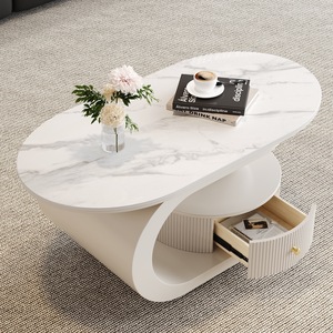 Wan Yusen Marble Coffee <b>Table</b> Oval White Movable Storage Living Room <b>Sofa</b> Side <b>Table</b> - Product Image 3
