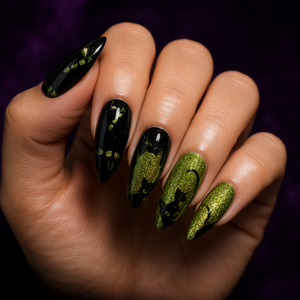 Faux ongles à presser Halloween Amande Vert Noir Couverture Complète Paillettes Motif Patte de Chat Pré-conçus pour Femmes - Product Image 5