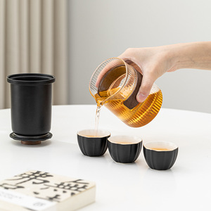 Three Stones Ceramic Travel Tea Set <b>One</b> Pot Three <b>Cups</b> Portable Holiday Gift for Outdoor Camping - Product Image 1