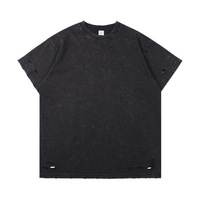 T-shirt Homme 300g Grammage Lourd Délavé Effet Vieilli Trous Découpés Coupe Décontractée Batik Tendance Manches Courtes