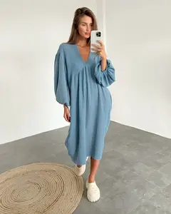 2023 nuova collezione eleganti abiti da donna in cotone pigiama Casual con scollo a V maniche a lanterna indumenti da notte larghi per le notti estive - Product Image 4