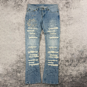 Jean Flare Homme Y2K Streetwear 2026 13oz Vintage Délavé Bicolore avec Patchs à Points Croisés et Effet Peinture Éclaboussée - Product Image 2