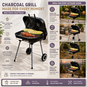 Griglia Portatile a Carbone con Coperchio a Cerniera, Controllo Ventilazione e Ruote, <span class=keywords><strong>Barbecue</strong></span> da Esterno <span class=keywords><strong>per</strong></span> Patio - Product Image 3