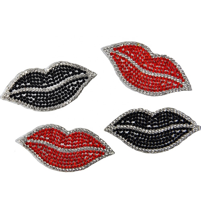 Beautiful Rhinestones Red Lip Iron on Patches Embroidery Sew on Clothing Applique Diy Sparkling Strass Craft Jeans Jacket Bags