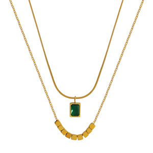 <b>Emerald</b> Zircon <b>Pendant</b> 18K Gold Plated Geometric Double Layer Clavicle Chain Gift Necklace - Product Image 5