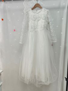 Abito da <span class=keywords><strong>bambina</strong></span> con scollo a O, in pizzo a maniche lunghe, bianco, elegante, <span class=keywords><strong>per</strong></span> feste, <span class=keywords><strong>per</strong></span> bambine di 6 anni, in raso LP682 - Product Image 5