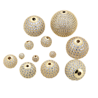 Perles rondes CZ6389G de haute qualité en cuivre incrusté de zircone cubique, plaqué or 18 carats, micro-pavé, style boule disco, perles en cuivre pavées de zircone cubique dorée