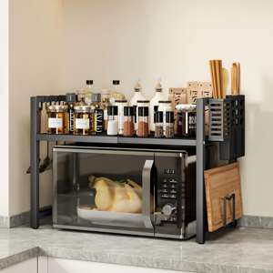 Rak penyimpanan meja Oven <span class=keywords><strong>Microwave</strong></span>, dapat ditarik baja karbon lapisan tunggal untuk dapur dengan kait pisau - Product Image 1